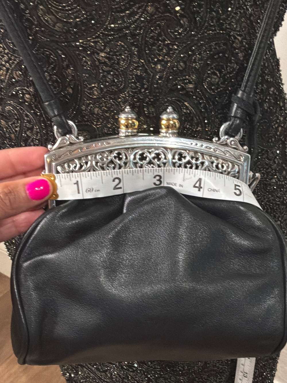 Vintage Brighton Black Leather Crossbody Clutch with Ornate Silver Frame - Picture 8 of 9